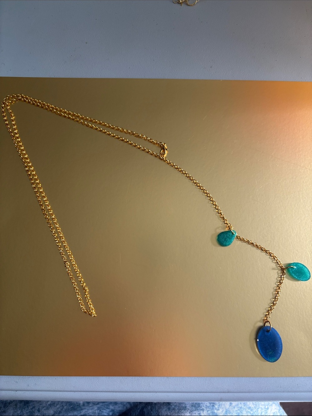 Emmy’s Creations Hand Crafted Gold Chain Necklace with Blue and Teal Glass Drops